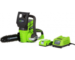 Цепная пила аккумуляторная Greenworks G 24 CS 25 K2, 25.4 Длина шины, 3.15 Вес нетто, Li-Ion Тип аккумулятора, 24 Напряжение аккумулятора, 2.0 Емкость аккумулятора