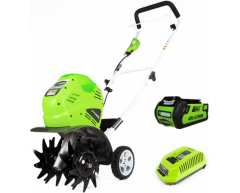 Культиватор аккумуляторный Greenworks G 40 TL K4, 1 Количество скоростей, 26 Ширина обработки, 12.7 Глубина обработки, Li-Ion Тип аккумулятора, 40 Напряжение аккумулятора, 4.0 Емкость аккумулятора